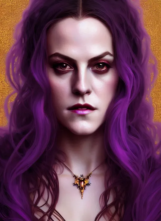 Image similar to portrait of riley keough as a vampire queen, jewelry, greek, purple, intricate, headshot, highly detailed, digital painting, artstation, concept art, sharp focus, cinematic lighting, illustration, art by artgerm and greg rutkowski, alphonse mucha, cgsociety