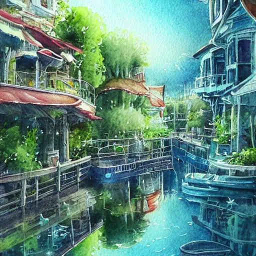 Image similar to Beautiful happy picturesque charming sci-fi town in harmony with nature. Beautiful light. Water and plants. Nice colour scheme, soft warm colour. Beautiful detailed artistic watercolor by Vincent. (2060)