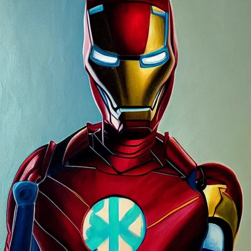 Prompt: death-camp-survivor-super-skinny-emaciated-horribly-skinny-Laughing-Cheerfully-Iron-Man painting by Thomas-Montacellinio