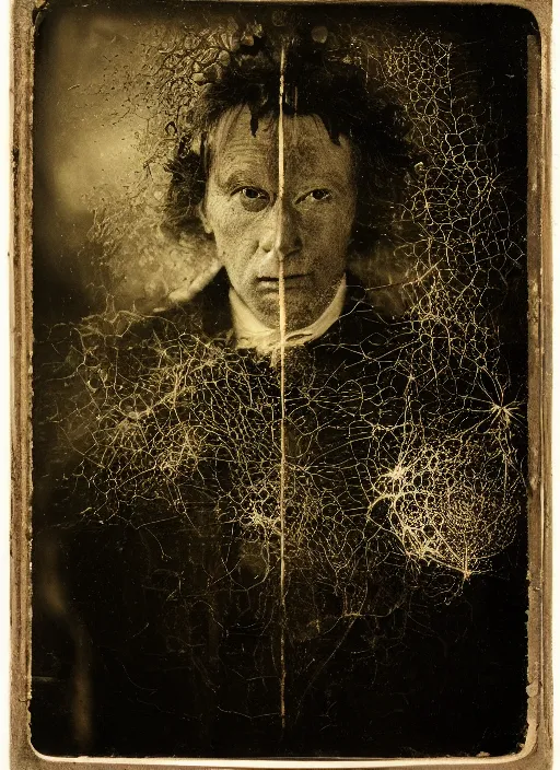 Image similar to old wetplate daguerreotype portrait of a mad man, explosion of data fragments, fractal, intricate, elegant, highly detailed, parallax, leica, medium format, subsurface scattering, by jheronimus bosch and greg rutkowski and louis jacques mande daguerre