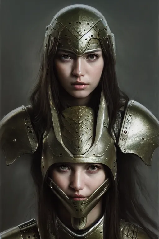 Image similar to a photorealistic painting of an attractive young girl, partially clothed in metal-plated battle armor, olive skin, long dark hair, beautiful bone structure, symmetrical face, perfect eyes, intricate, elegant, digital painting, concept art, illustration, sharp focus, minimal artifacts, from Metal Gear, in the style of Ruan Jia and Mandy Jurgens and Greg Rutkowski, trending on Artstation, award winning