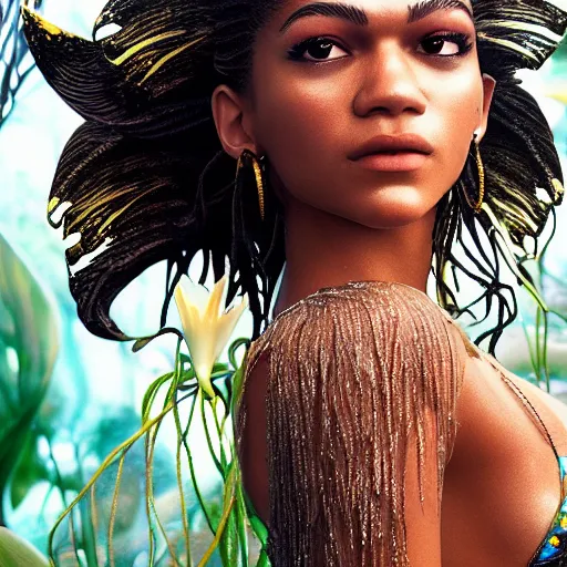 Image similar to dramatic upper body portrait of zendaya as a dark - skinned mermaid la sirene haitian goddess, under water, white lilies, concept art, intricate details, bloom, highly detailed, photorealistic, octane render, 8 k, art by annie leibovitz and wlop and frank frazetta and simon bisley h - 7 2 0