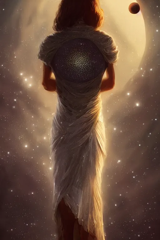 Image similar to a woman, wearing a dress made of stars, rim lighting, dramatic, planets in the background, smooth, sharp focus, very detailed, by greg rutkowski, artstation, tom badshaw, 8 k, symmetrical face