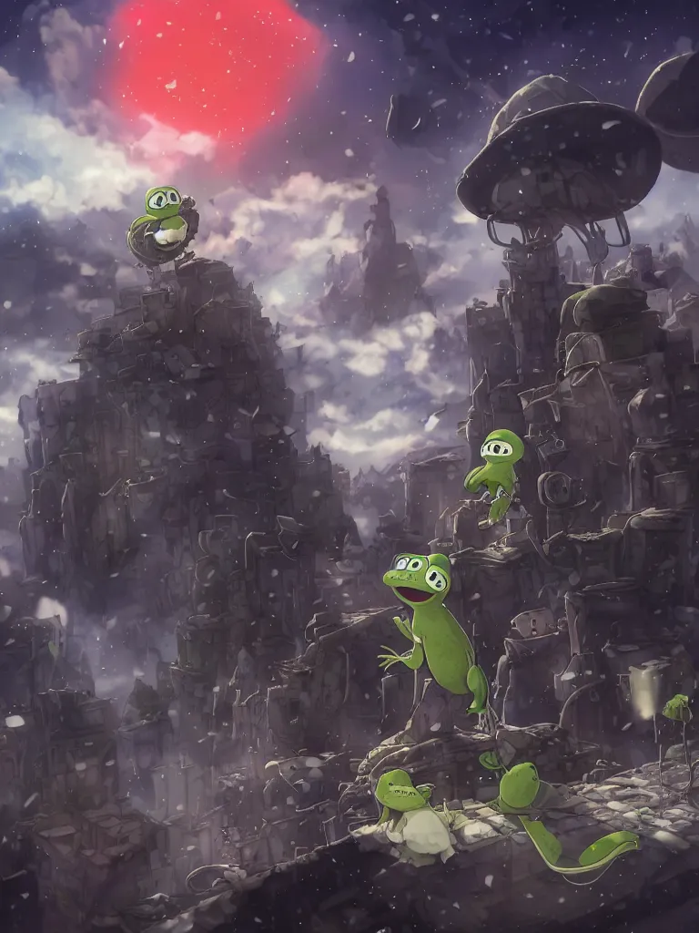 Prompt: resolution 4k worlds of loss and depression made in abyss design Akihito Tsukushi design body pepe the frogs war , battlefield darkness military carrying guns into battle uniforms civil war drummer boy pepe , desolated city the sky is filled with red halos over each of their heads dragon, pepe ivory dream like storybooks, fractals , pepe the frogs at war, art in the style of and Oleg Vdovenko and Akihito Tsukushi