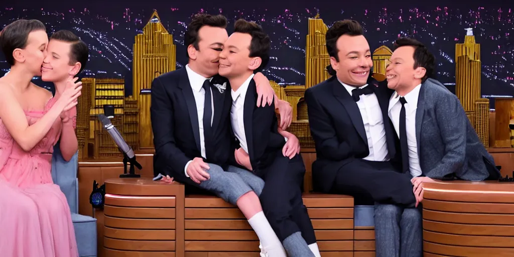 Prompt: Millie Bobby Brown kissing Jimmy Fallon on the tonight show