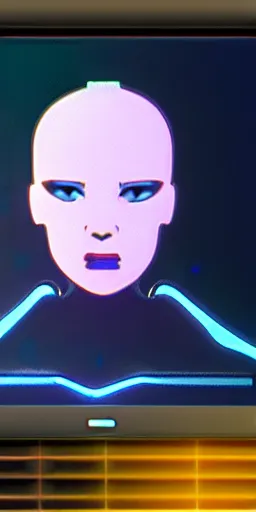 Image similar to superior AI showing face on screen in tower of hardware, ghost in the shell style