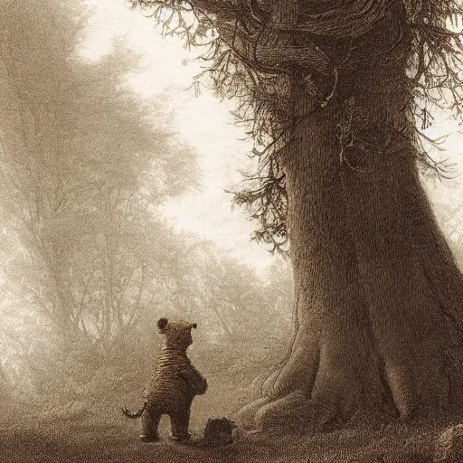 Image similar to highly detailed portrait of winnie the pooh ((winnie the pooh)) near a giant fallen sequoia tree. Fog. Painting by Caspar David Friedrich,Caravaggio, 4k, sepia tone