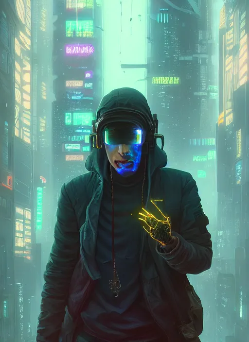 Image similar to highly detailed surreal vfx portrait of a cyberpunk gloomy hacker, stephen bliss, unreal engine, greg rutkowski, loish, rhads, beeple, makoto shinkai and lois van baarle, ilya kuvshinov, rossdraws, tom bagshaw, alphonse mucha, global illumination, detailed and intricate environment