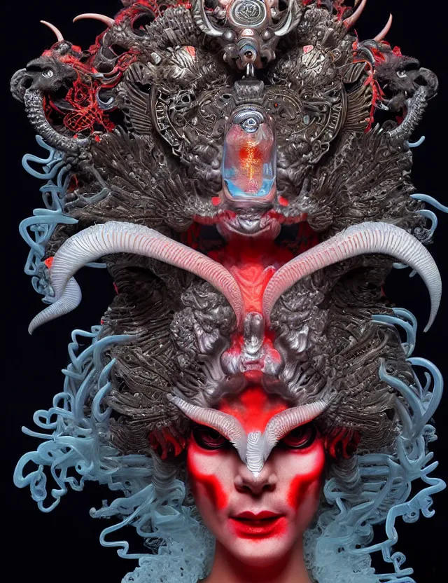 Image similar to 3 d goddess close - up profile satan biohazard portrait with crown, ram skull. beautiful intricately detailed japanese crow kitsune mask and clasical japanese kimono. betta fish, jellyfish phoenix, bio luminescent, plasma, ice, water, wind, creature, artwork by tooth wu and wlop and beeple and greg rutkowski