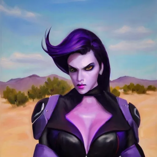 Prompt: oil painting of widowmaker from overwatch in the desert, black and purple jacket, beautiful face, detailed eyes, very detailed face, feminine face, full body