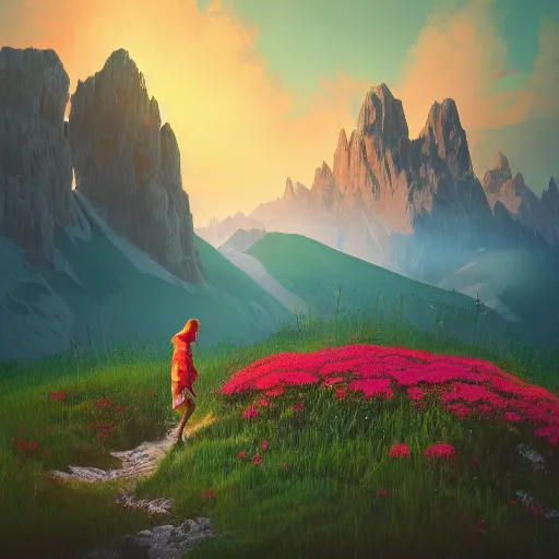 Image similar to giant carnation flower as a head, girl hiking in the dolomites, surreal photography, sunrise, dramatic light, impressionist painting, colorful clouds, digital painting, artstation, simon stalenhag