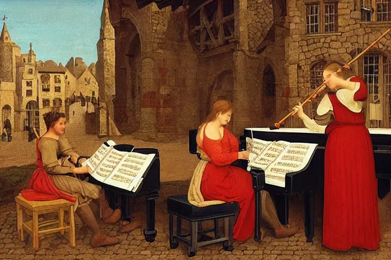 Image similar to a recorder player and a grand piano player on the marketplace, medieval time, masterpiece