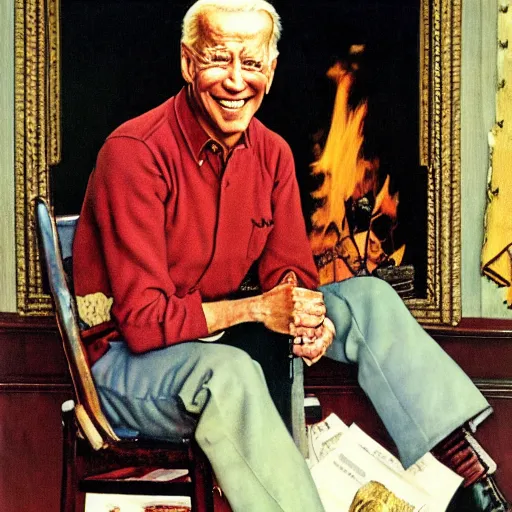 Image similar to a portrait painting by Norman Rockwell of Joe Biden sitting in a chair. Cozy fire. Legs crossed