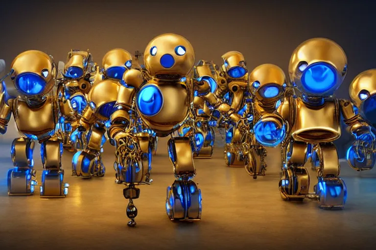 Prompt: a queue of 7 golden and blue metal humanoid steampunk robots dancing on a concert stage, robots are wearing and gears and tubes, eyes are glowing red lightbulbs, shiny crisp finish, 3 d render, 8 k, insaneley detailed, fluorescent colors, nightlight