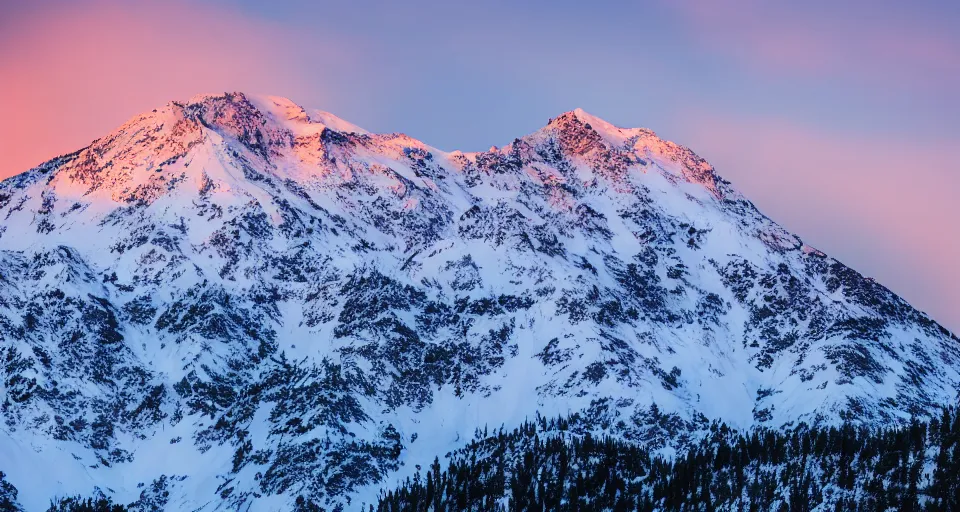 Image similar to professional photo of a snow topped mountain lit by the sunset