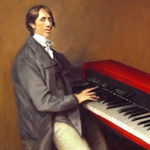 Image similar to Frederick Chopin on a stage playing a keytar, photorealistic painting