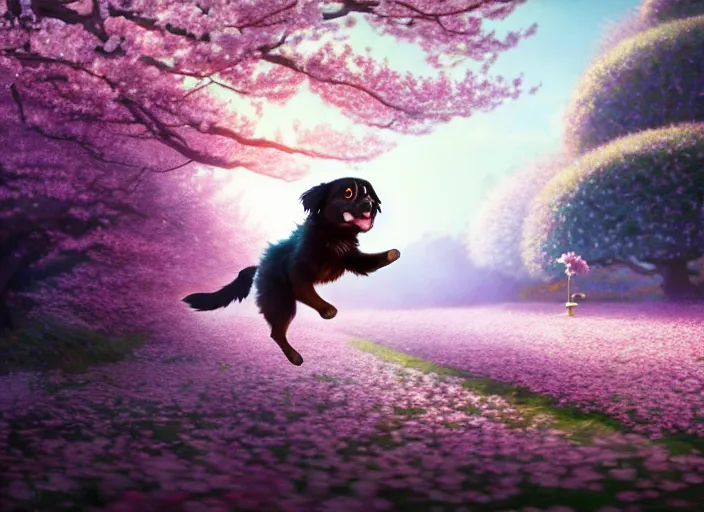 Image similar to animation key shot, black tibetan spaniel, jumping, cherry blossoms in background, studio ghibli, pixar, disney animation, sharp, by greg rutkowski, bloom, dramatic lighting