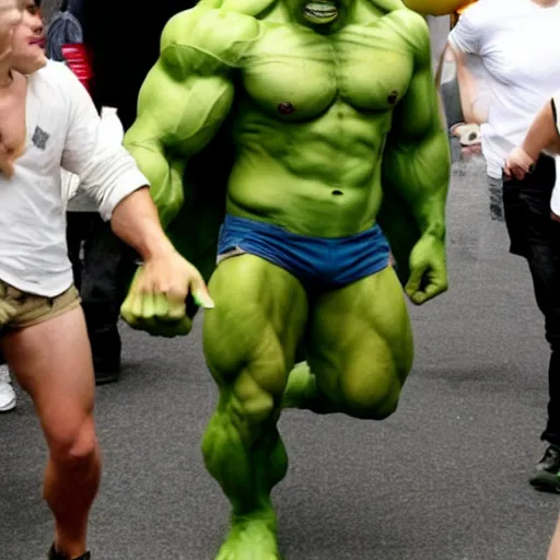 Image similar to emma watson cosplaying as the hulk, muscly emma watson wearing a hulk costume, emma watson jacked beefy cosplay award winner