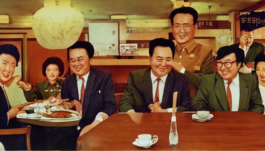 Image similar to 70s movie still of north korean restaurant with kim il-sung portrait, eastmancolor, heavy grain, high quality, higly detailed