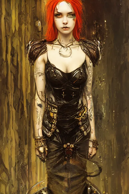 Image similar to portrait of beautiful young gothic maiden, cyberpunk, Warhammer, highly detailed, artstation, illustration, art by Gustav Klimt