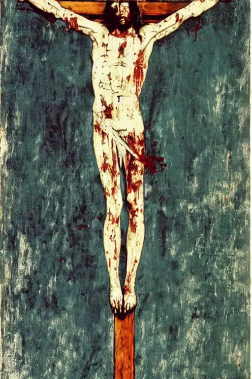 Prompt: bloody jesus christ crucified painted by cy twombly and andy warhol
