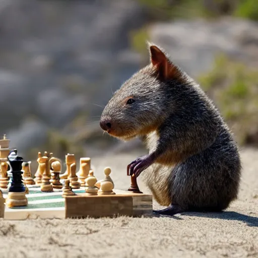 Prompt: wombat playing chess in pringle bay in style of goya