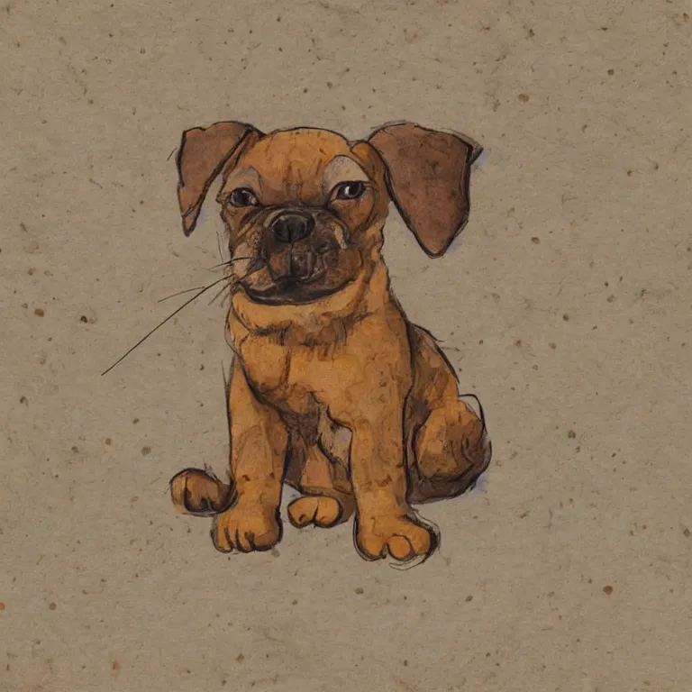 Image similar to a cute retro puppy. alcohol ink on parchment, muted colors, detailed, textured parchment background, 1 9 5 0 s concept art