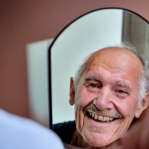 Prompt: a smiling old man seen through a mirror