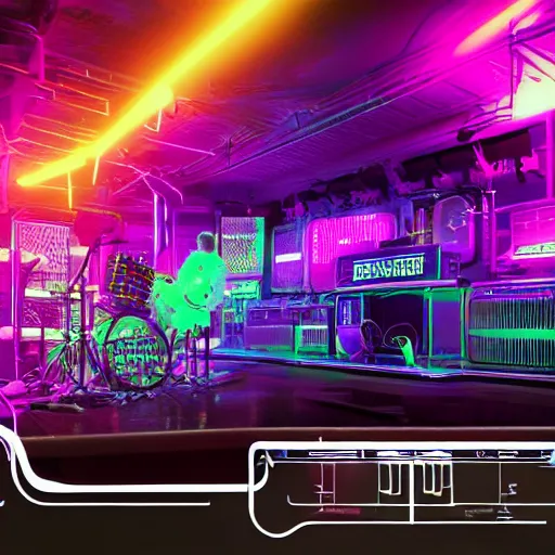 Image similar to mockup of an album is called tripmachine, tripmachine, photo of a huge atompunk machine with guitars and drums and pianos, connected with glowing tubes 8 k, fluorescent colors, halluzinogenic, multicolored, exaggerated detailed, front shot, 3 d render, octane