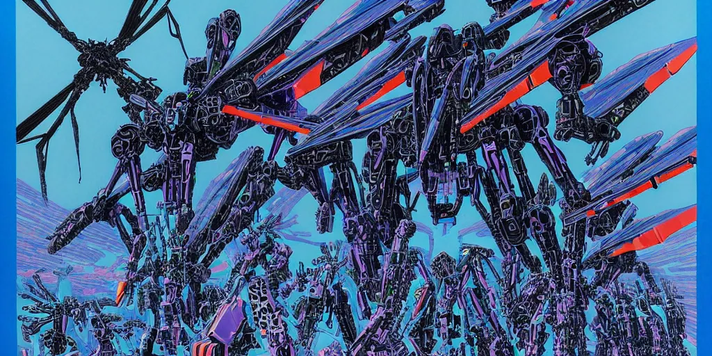 Prompt: risograph rendition of extremely - detailed black gigantic evangelion - like dragonfly mecha with a lot of blue children heads on it, ominous, intricate complexity, dramatic, epic composition, atmospheric, painting by moebius