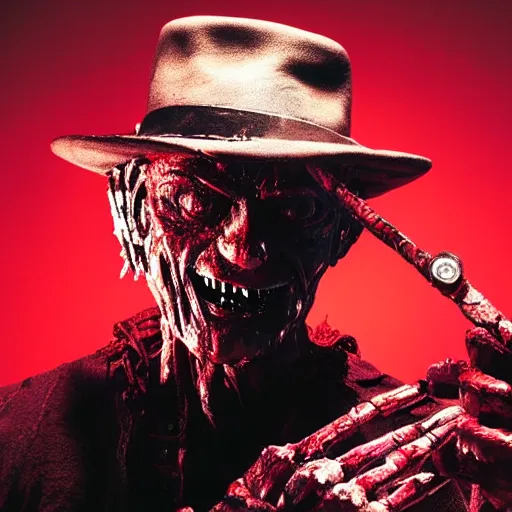 Image similar to close up of Freddy Krueger's face, holding his hand with blades in front of his face, dramatic low-key red lighting, black background, editorial photo from movie magazine,