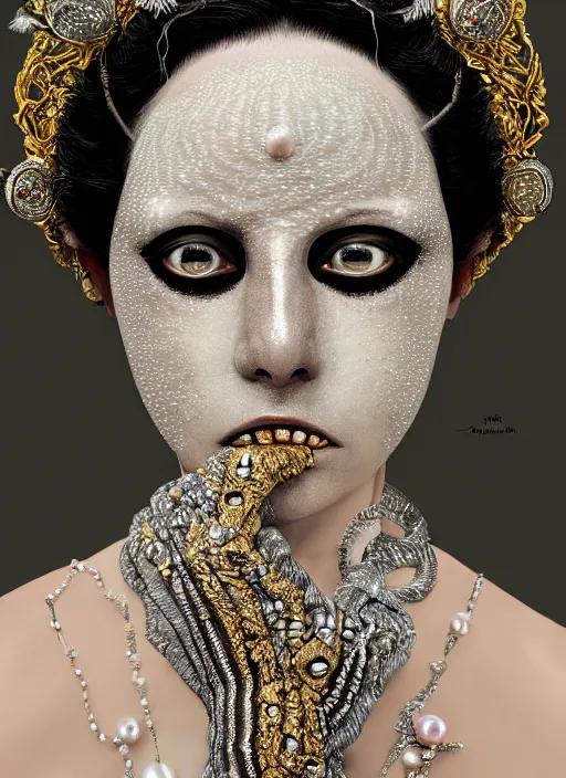 Image similar to hyperrealism, detailed textures, award winning autochrome pearl portrait photo, symetrical japanese pearl old screaming medusa queen autochrome pearl portrait, pearl silverplate, intricate, detailed facial pearl scary animal mask, pearl, golden jewelery, silverplate, ultra realistic, cinematic, intricate, cinematic light by steve mccurry, unreal engine 8 k