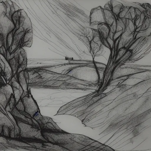 Prompt: a sketch of a fantasy landscape, ink on paper, photo