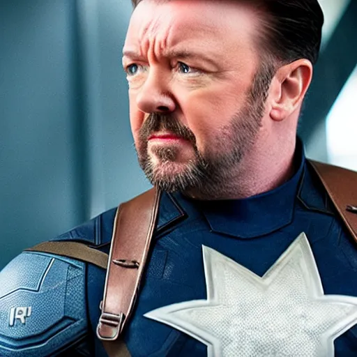 Image similar to a film still of ricky gervais as captain america