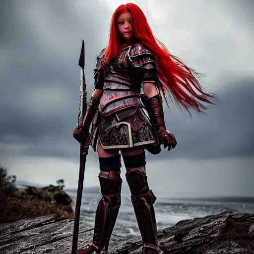 Image similar to north teenage girl, warrior, red hair, fantasy, high detailed, photography, cloudy, lightweight armor, Scandinavia, plain, Authentic