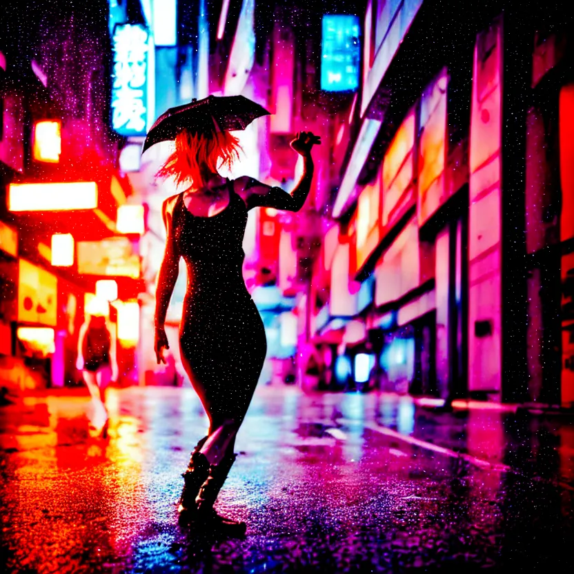 Image similar to a photo close up cyberpunk woman dancing in the rain, cyberpunk hiroshima, prefecture streets, sunset, photorealistic, cinematic lighting, highly detailed, bokeh, style by tomino - sama