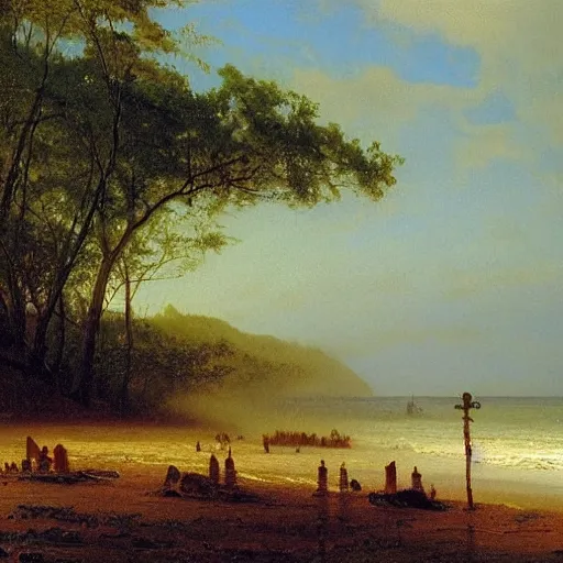 Image similar to An 1858 detailed oil painting of lost paddles on a primeval New England beach, by Albert Bierstadt. Misty, beautiful, natural, golden light.