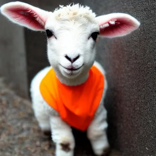 Prompt: cute lamb wearing orange inmate clothes