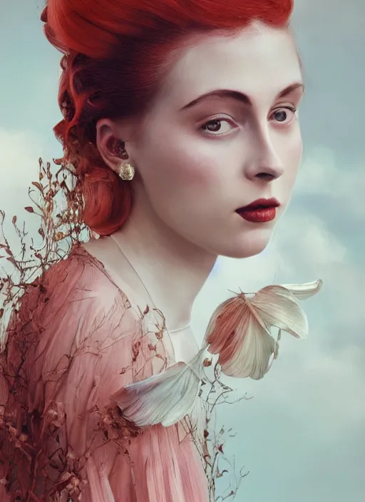 Prompt: Kodak Portra 400, 8K, soft light, volumetric lighting, highly detailed, fine art portrait photography in style of Flora Borsi, britt marling style 3/4 face merging with clouds metamorphosis complex 3d render , 150 mm lens, art nouveau fashion embroidered, intricate details, elegant, hyper realistic, ultra detailed, octane render, etheric, outworldly colours, emotionally evoking, head in focus, fantasy, ornamental, intricate, elegant, 8K, soft light, volumetric lighting, highly detailed, Refined, Highly Detailed, soft lighting colors scheme, fine art photography, Hyper realistic, photo realistic