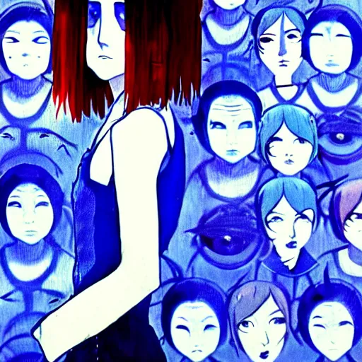 Prompt: blue and white color palette, yoshitaka amano blurred and dreamy realistic three quarter angle horror portrait of a sinister young woman with short hair, big earrings and red eyes wearing office suit with tie, junji ito abstract patterns in the background, satoshi kon anime, noisy film grain effect, highly detailed, renaissance oil painting, weird portrait angle, blurred lost edges