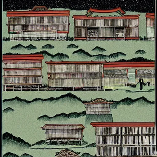 Image similar to illustration of a Japanese village from Stephen Biesty\'s Incredible Cross-Sections (1992)