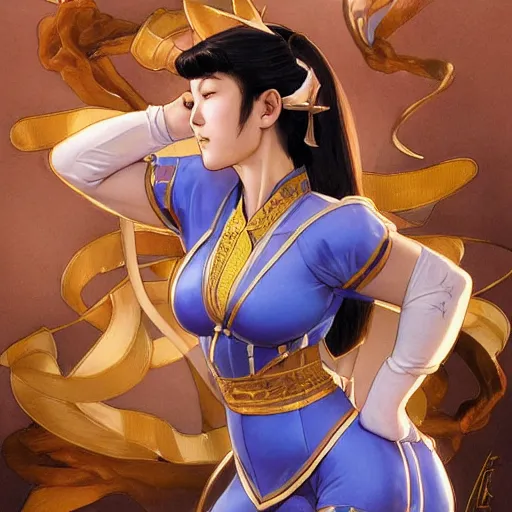 Image similar to Chun li, highly detailed, digital painting, artstation, concept art, smooth, sharp focus, illustration, ArtStation, art by artgerm and greg rutkowski and alphonse mucha and J. C. Leyendecker and Edmund Blair Leighton and Katsuhiro Otomo and Geof Darrow and Phil hale and Ashley wood and Ilya repin and Charlie Bowater