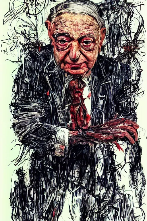 Image similar to George Soros full body shot, Body horror, biopunk, by Ralph Steadman, Francis Bacon, Hunter S Thompson