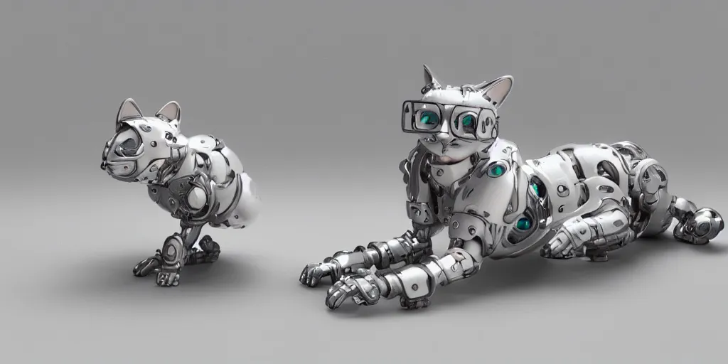 Prompt: a modern cybernetic cat made from porcelain and steel, insane reflexions, pastel colored, daylight, peaceful, 8 k, ambient occlusion, octane render