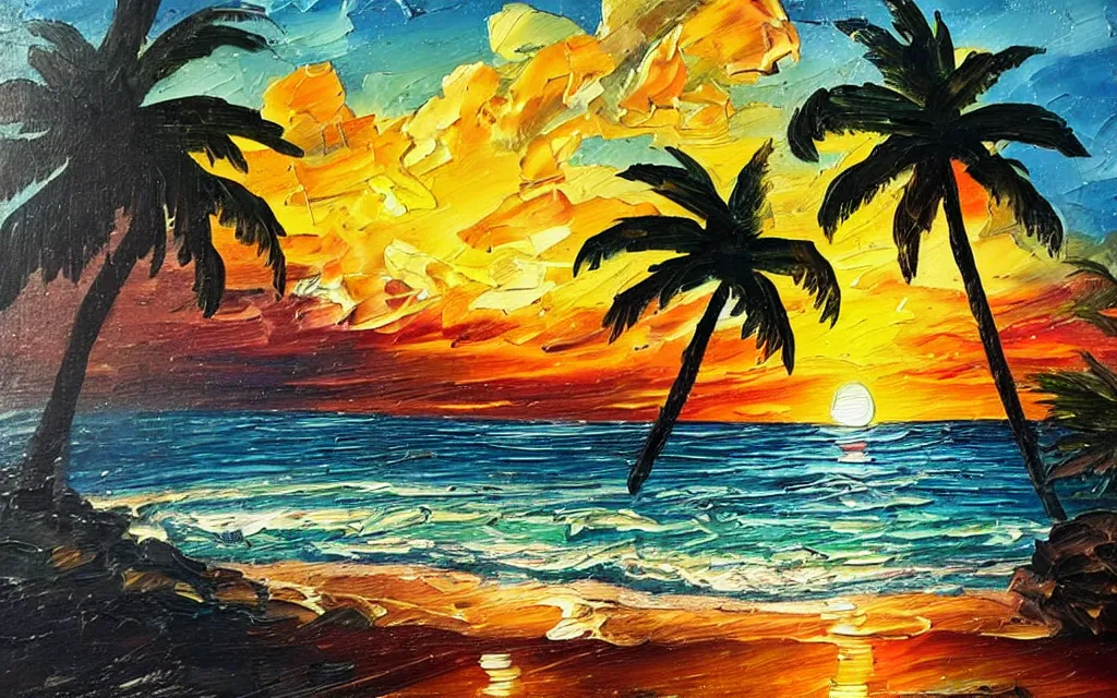 Image similar to in a sea is a tiny island with a cute cozy cottage with a terrace, a paved garden courtyard with benches and a fountain, palm trees, sunset, puffy clouds, dramatic and dynamic lighting, thick brush strokes oil impasto painting