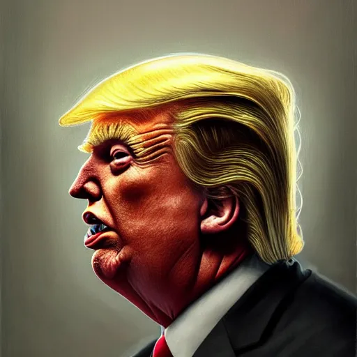 Image similar to side portrait of donald j. trump as a zombie looking down, 7 days to die zombie, fine art, soft light from the side, award winning, subtle earthy tones, intricate, elegant, sharp focus, cinematic lighting, digital painting, 8 k concept art, art by michael hussar, art by brom, art by z. w. gu, 8 k