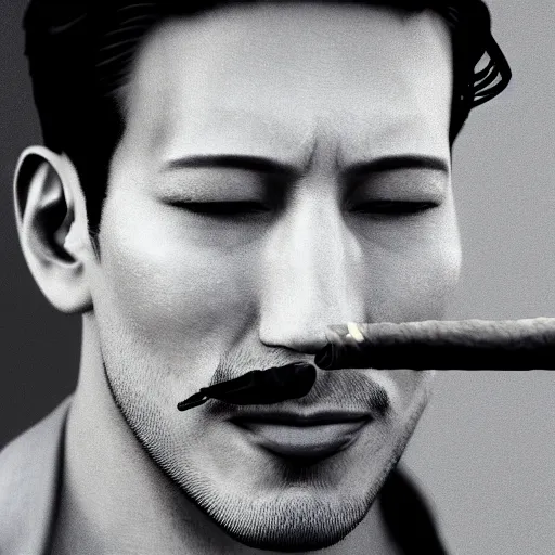 Image similar to a closeup photo of handsome gigachad markiplier smoking a cigar, 8k photorealism, extremly detailed, trending on artstation