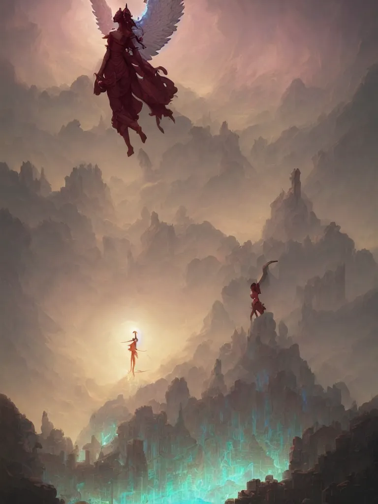Prompt: elder pagan angel figure rising above mysterious ancient ruins, painted by peter mohrbacher and marc simonetti, trending on artstation, character art, vibrant colors, matte painting