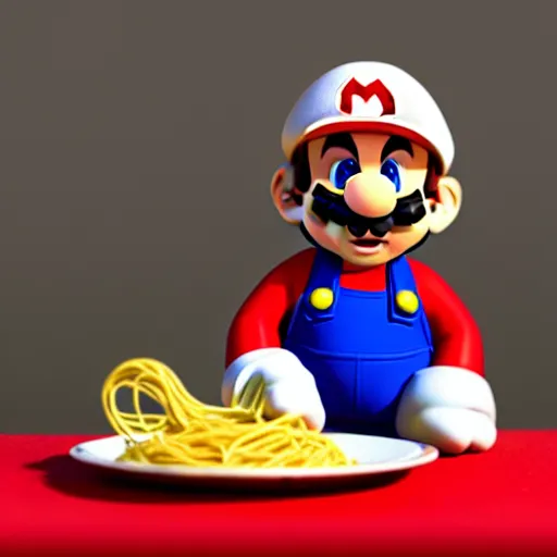 Image similar to photo of super mario sitting at a table eating spaghetti, highly detailed, extremely high quality, hd, 4 k, 8 k, canon 3 0 0 mm, professional photographer, 4 0 mp, lifelike, top - rated, award winning, realistic, detailed lighting, detailed shadows, sharp, no blur, edited, corrected, trending