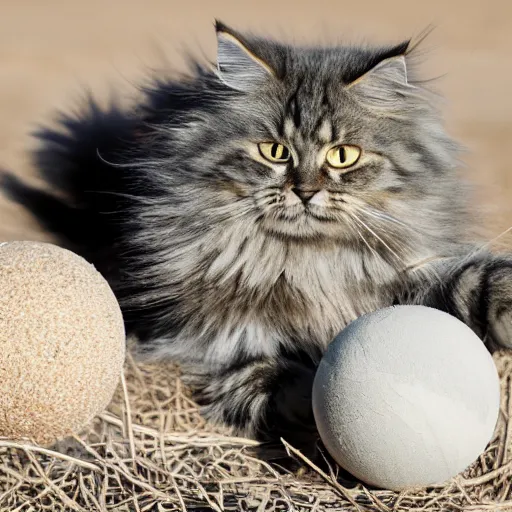 Prompt: gray Russian Siberian cat playing with a miniature earth ball, destruction, epic, dramatic, photo